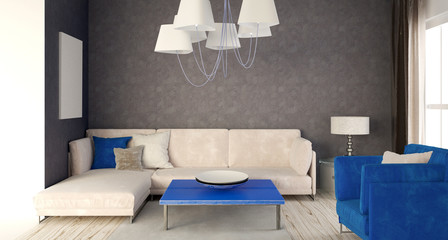 Mock up wall in interior with  sofa. living room modern style. 3d illustration