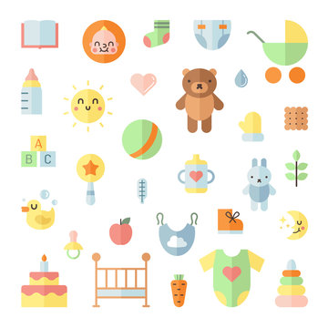 Baby cute big flat icons square vector set.