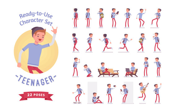 Ready-to-use teenager boy character set, various poses and emotions