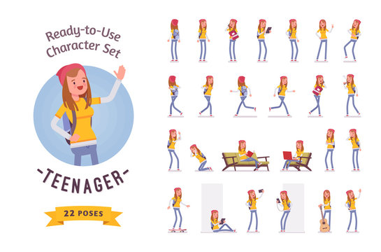 Ready-to-use teenager girl character set, various poses and emotions