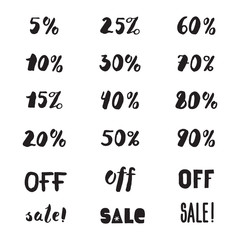 Obraz premium Handwritten ink sale lettering with percents set (black).