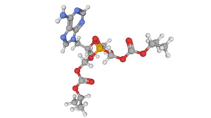 Tenofovir disoproxil - AIDS/HIV antiviral drug ball and stick model isolated on white. 3D rendering.