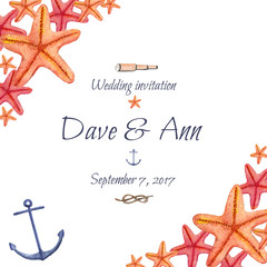 Fototapeta na wymiar Watercolor hand drawn sea nautical wedding invitation card