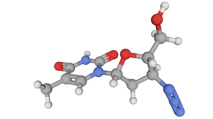 Zidovudine - AIDS/HIV antiviral drug ball and stick model isolated on white. 3D rendering.