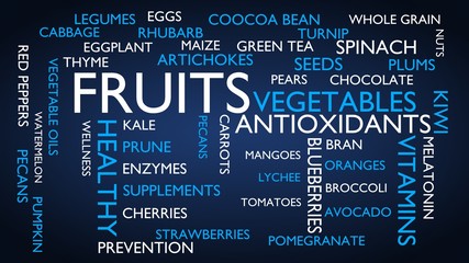 Antioxodants, fruits, vegetables, vitamins word tag cloud. 3D rendering, red variant.