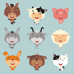 Fototapeta premium Vector set farm animals in cartoon style. Collection isolated farm animals: horse, cow, pig, donkey, goat, sheep, rabbit, dog, cat.