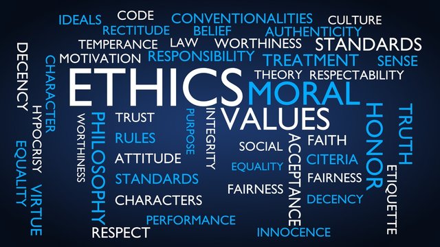 Ethics, moral, values word tag cloud. 3D rendering, blue variant.