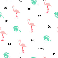 Summer seamless pattern with pink flamingos. Memphis style with geometric elements and plants. Vector illustration