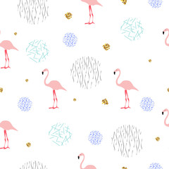 Summer seamless pattern with pink flamingos. Memphis style with geometric elements and plants. Vector illustration