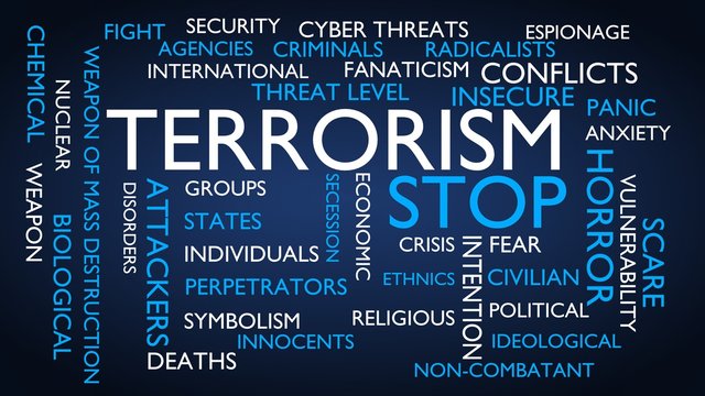 Terrorism, stop word tag cloud. 3D rendering, blue variant.
