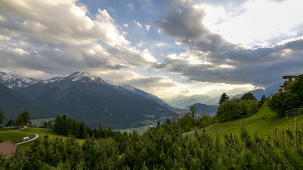 Valley at sunset zoom 01 at Mosern, Tyrol, Austria