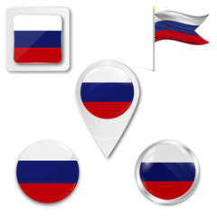 Set of icons of the national flag of Russia in different designs on a white background. Realistic vector illustration. Button, pointer and checkbox.