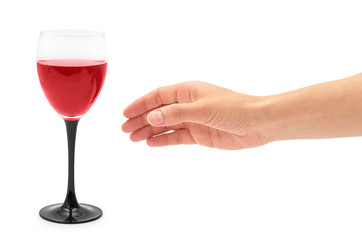 Female hand holds red Wine in glass. Isolated on white background