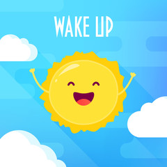 Cartoon sun laughs on blue background with clouds. Wake up poster. Flat style. Vector illustration.