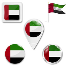 Set of icons of the national flag of United Arab Emirates in different designs on a white background. Realistic vector illustration. Button, pointer and checkbox.