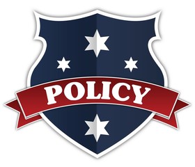 Blue shield and red ribbon with POLICY text.