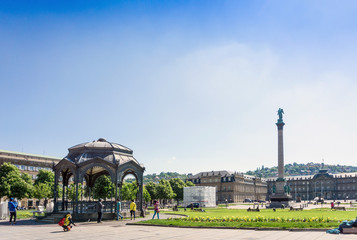 Obraz premium STUTTGART, GERMANY - April 12, 2017 : Tourists foot Street in Stuttgart, its metropolitan area are consistently ranked among the top 20 European metropolitan areas by GDP.