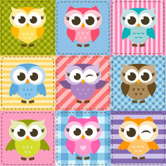 patchwork background with colorful funny owls