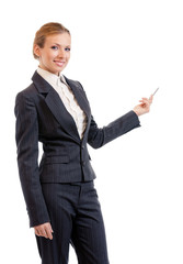 Businesswoman showing something, isolated