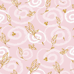 Light seamless pattern with golden glitter texture leafs and flowers. Background, fabric, textile