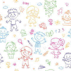 Cheerful children seamless pattern painted by colorful pencils with kids elements, drawings, paintings. Girls and boys are on the white background in the linear design. Vector illustration