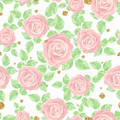 Light seamless pattern with golden glitter texture and roses. Background, fabric, textile