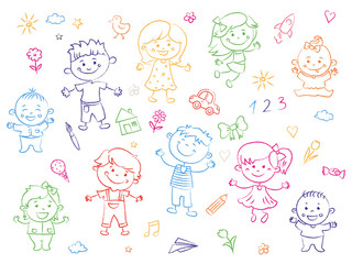 Cheerful children standing together, drawings, paintings. Girls and boys are on the white background in the linear design. Vector illustration