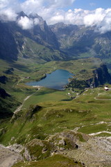 Majestic scenery of Uri Alps with Lake Truebsee and Mount Titlic, Central Switzerland