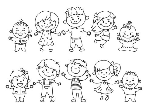 Cheerful children painted by colorful pencils with kids elements, drawings, paintings. Girls and boys are on the white background in the linear design. Vector illustration