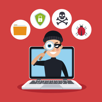 red color background laptop with espionage with hacker vector illustration