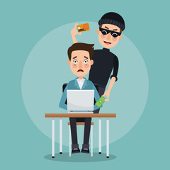 scene color programmer man in desk with laptop and thief man hacker stealing data credit card vector illustration