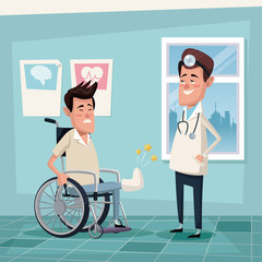 color background hospital room with young man in wheelchair and specialist male doctor vector illustration