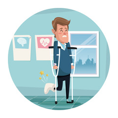 circular frame with color scene hospital room with man in crutches vector illustration