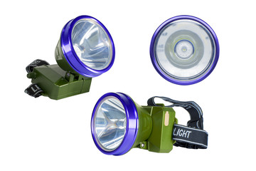 LED Headlamp isolated. The small flashlight with straps for head have a clipping path.