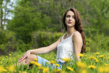 Naklejka na ściany i meble Girl with long hair sitting on the lawn with blooming dandelions