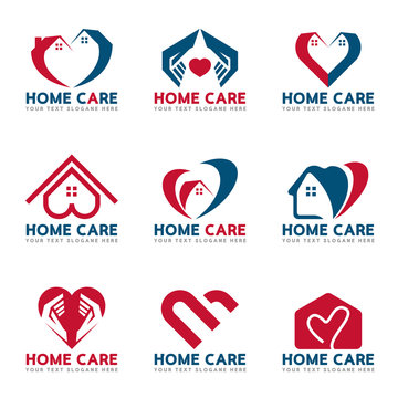 Red and blue Home heart and care logo vector set design