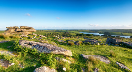 A panoramic view from the top of Tregarrick Tor overlooking Siblyback Lake on Bodmin Moor in Cornwall