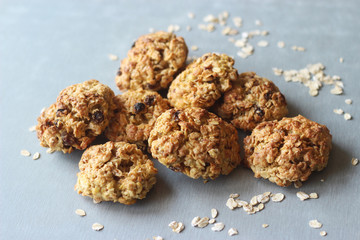 Homemade oatmeal cookies on a gray table