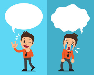 Cartoon businessman expressing different emotions with white speech bubbles