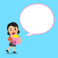 Cartoon businesswoman carrying piggy bank with white speech bubble