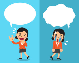 Cartoon businesswoman expressing different emotions with white speech bubbles