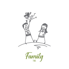 Vector hand drawn family time concept sketch with father and mother playing with their small daughter