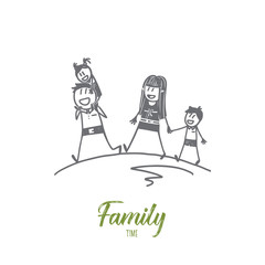 Vector hand drawn family time concept sketch with father and mother walking with their little daughter and son alltogether