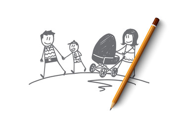 Vector hand drawn family time concept sketch with father, mother and little child walking with small baby in stroller