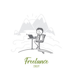 Vector hand drawn Freelance concept sketch. Smiling freelancer sitting and working with laptop, mountains at background