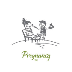 Vector hand drawn Pregnancy time concept sketch. Husbend sitting with his pregnant wife and feeding her with cakes