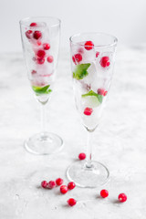 fresh cranberry in ice cubes in glasses on white background mock-up