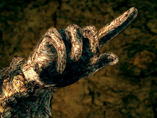 A wooden textured hand pointing out a finger to someone