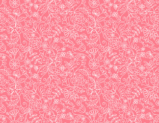 Fabulous white flowers on pink background. Seamless vector pattern with abstract wildflowers and berries. Texture for fabric, wrapping paper, wallpaper, etc.