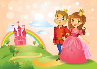 Obraz na płótnie Canvas Fairy tale castle and beautiful Princess and Prince